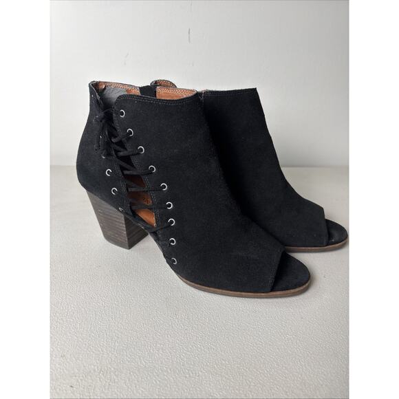 Lucky Brand Black Suede Bootie Size 10 Hartlee Peep Toe Block Heel Boho Lace Up - Picture 1 of 11